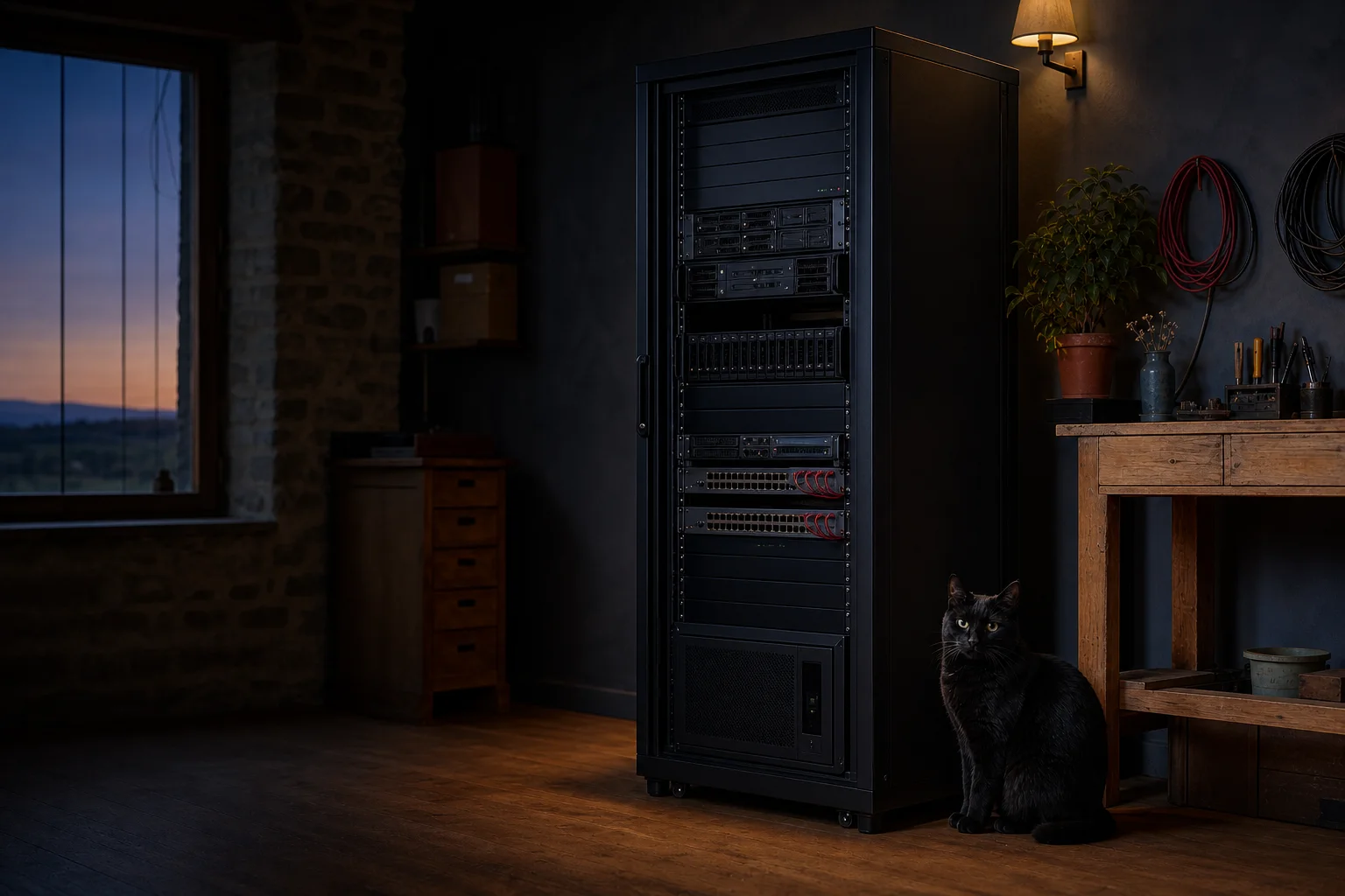 Une grande baie serveur 42U dans un atelier, surveillée par un chat noir
