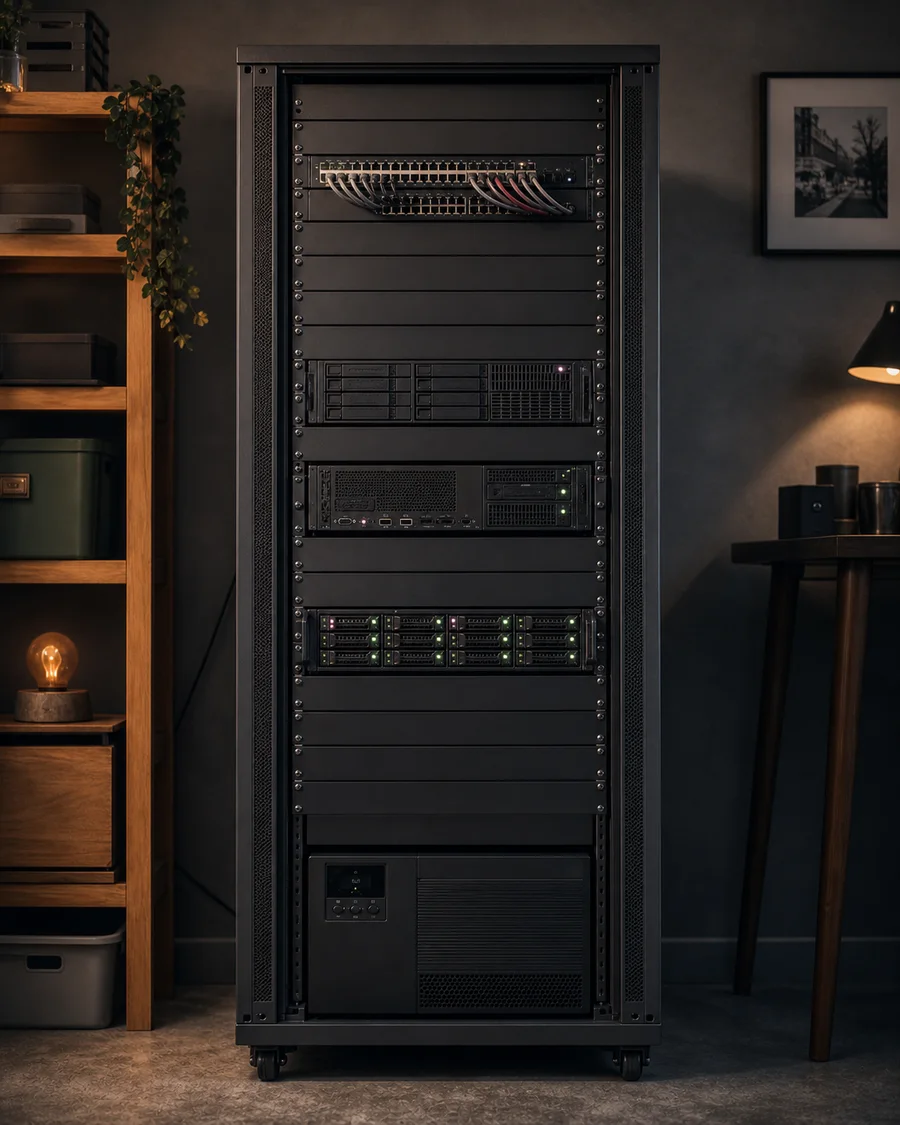 La baie serveur 42U du homelab, avec ses serveurs, son réseau et son onduleur